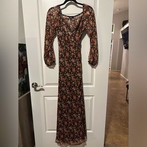 Lulu’s True to Love Black and Red Floral Print Chiffon Wrap Maxi Dress